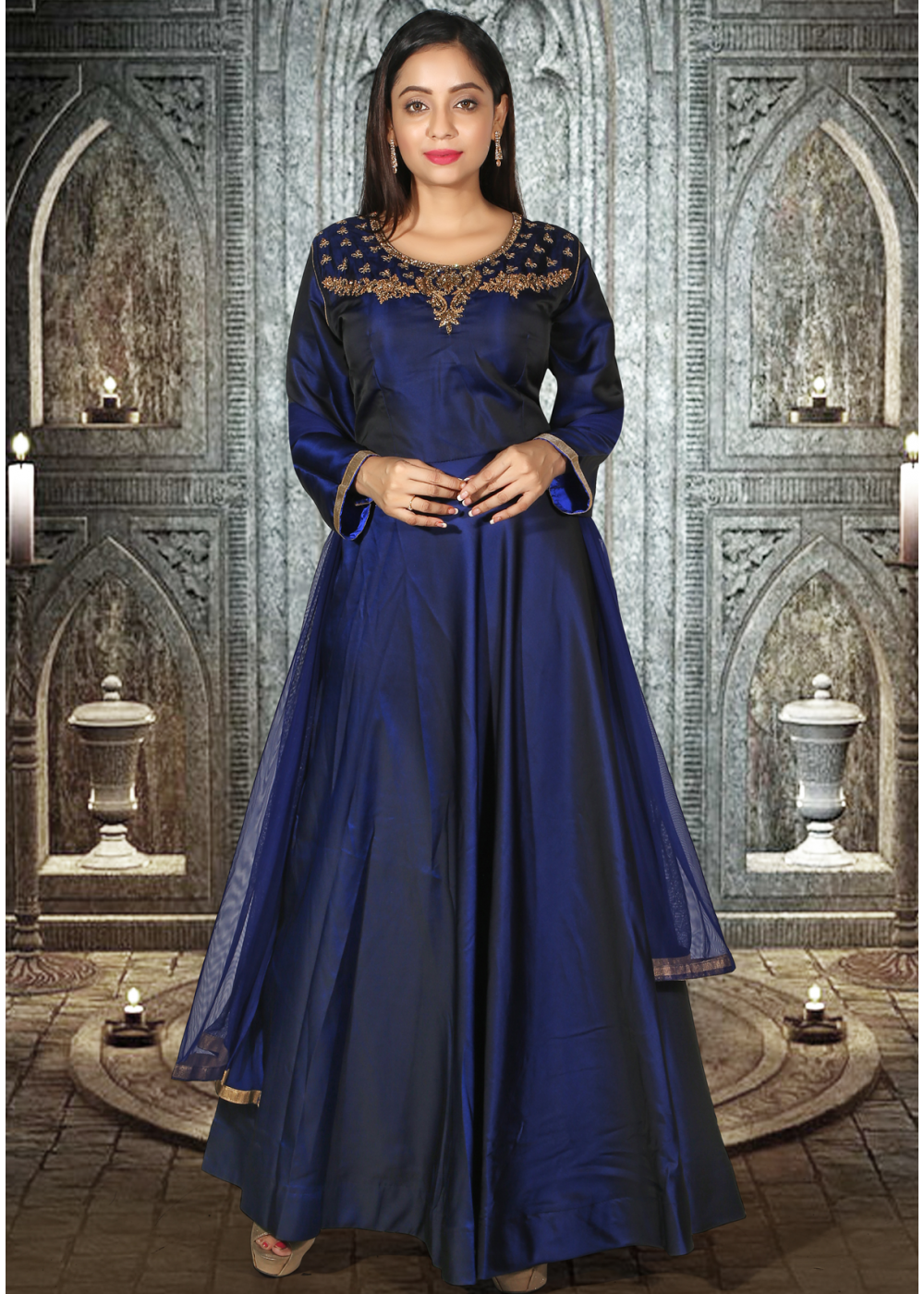 Navy Blue Color Block Flared Gown – 101 Hues