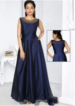 Pretty Navy Blue Color Party Wear Gown