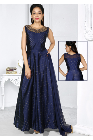 Lavish Peacock Blue Embroidered Silk Party Wear Gown