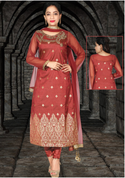 Rusty Red Silk Designer Straight Cut Chudidar