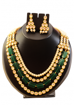 Green Crystal and White Pearl Kundan Set