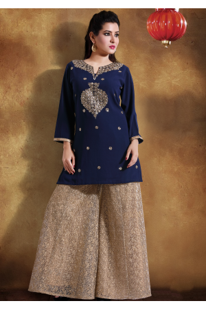 Denim Blue With Golden Printed Color Georgette Designer Kurti