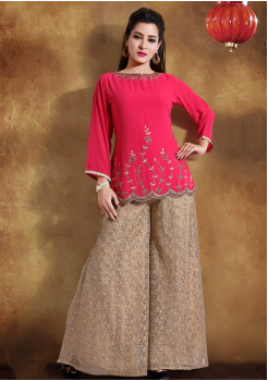 Peach With Golden Printed Color Georgette Designer Kurti