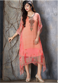 Peach with Red Designer Chiffon Kurti