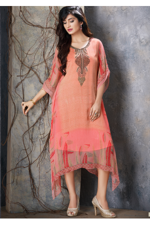 Peach with Red Designer Chiffon Kurti