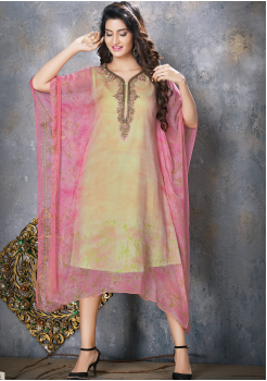 Yellow with Light Pink Designer Chiffon Kurti