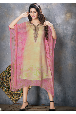 Yellow with Light Pink Designer Chiffon Kurti