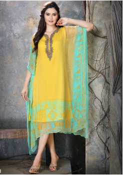 Yellow with Cyan Color Designer Chiffon Kurti