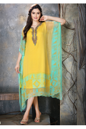 Yellow with Cyan Color Designer Chiffon Kurti