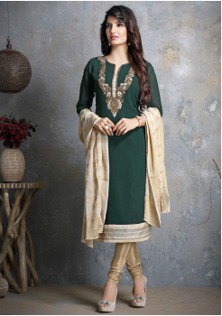 Green With Golden Georgette Designer Straight Cut Suit