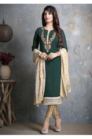 Green With Golden Georgette Designer Straight Cut Suit