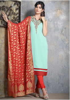 Firozi With Red Georgette Designer Straight Cut Suit