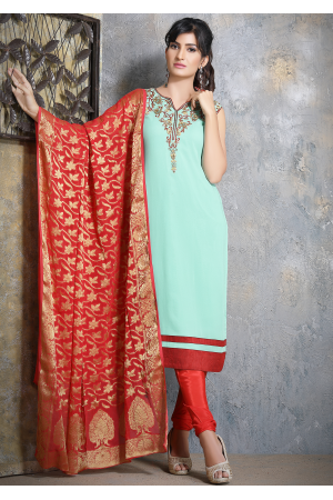 Firozi With Red Georgette Designer Straight Cut Suit