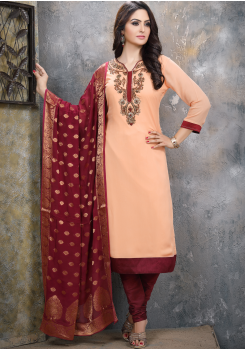 Peach With Maroon Georgette Designer Straight Cut Suit