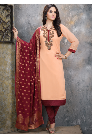 Peach with Maroon Georgette Designer Straight Cut Suit