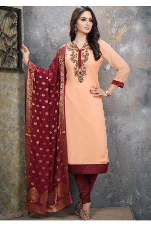 Peach With Maroon Georgette Designer Straight Cut Suit