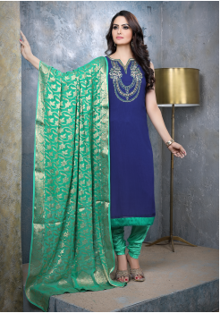 Royal Blue With Green Georgette Designer Straight Cut Suit