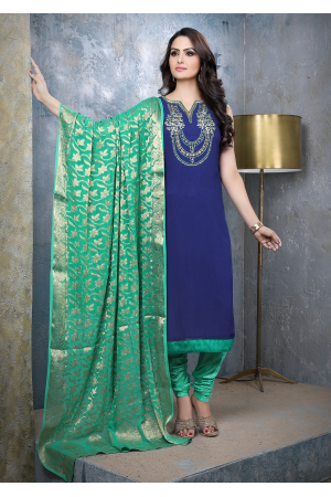 Royal Blue with Green Georgette Designer Straight Cut Suit