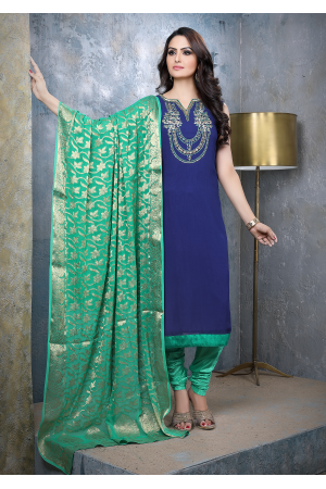 Royal Blue With Green Georgette Designer Straight Cut Suit