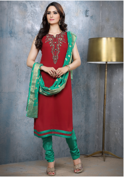 Maroon With Green Georgette Designer Straight Cut Suit