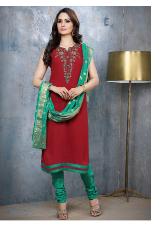 Maroon with Green Georgette Designer Straight Cut Suit