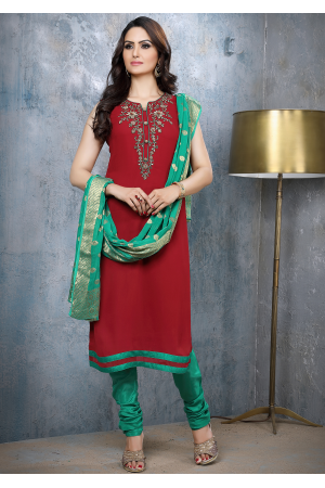 Maroon With Green Georgette Designer Straight Cut Suit