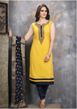 Yellow With Navy Blue Georgette Designer Straight Cut Suit