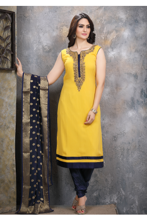 Yellow with Navy Blue Georgette Designer Straight Cut Suit