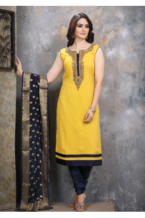 Yellow With Navy Blue Georgette Designer Straight Cut Suit