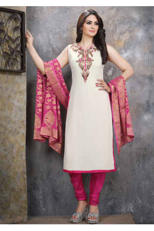 Off White with Pink Georgette Designer Straight Cut Suit