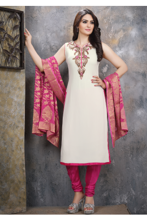 Off White With Pink Georgette Designer Straight Cut Suit