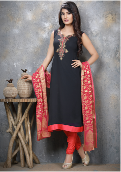 Navy Blue With Orange Georgette Designer Straight Cut Suit