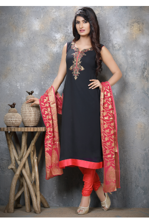 Navy Blue With Orange Georgette Designer Straight Cut Suit