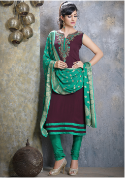 Wine Red With Green Georgette Designer Straight Cut Suit