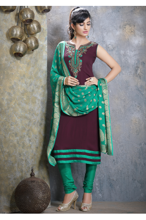 Wine Red with Green Georgette Designer Straight Cut Suit