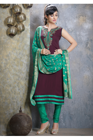 Wine Red With Green Georgette Designer Straight Cut Suit