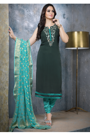 Black with Green Georgette Designer Straight Cut Suit
