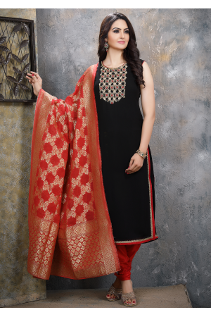 Black with Red Georgette Designer Straight Cut Suit