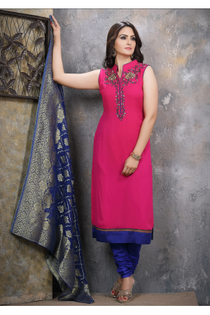 Rani Pink with Royal Blue Georgette Designer Straight Cut Suit
