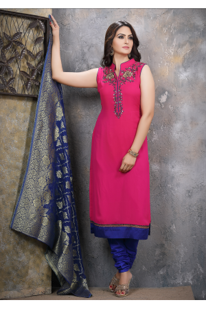 Rani Pink With Royal Blue Georgette Designer Straight Cut Suit