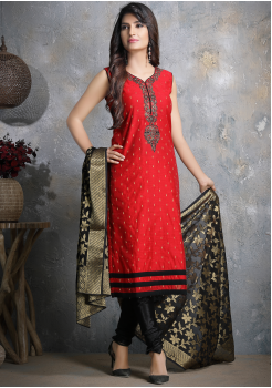 Red with Black Designer Georgette Straight Cut Suit
