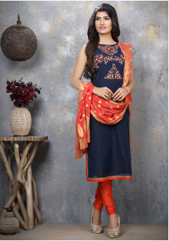 Blue with Red Designer Georgette Straight Cut Suit