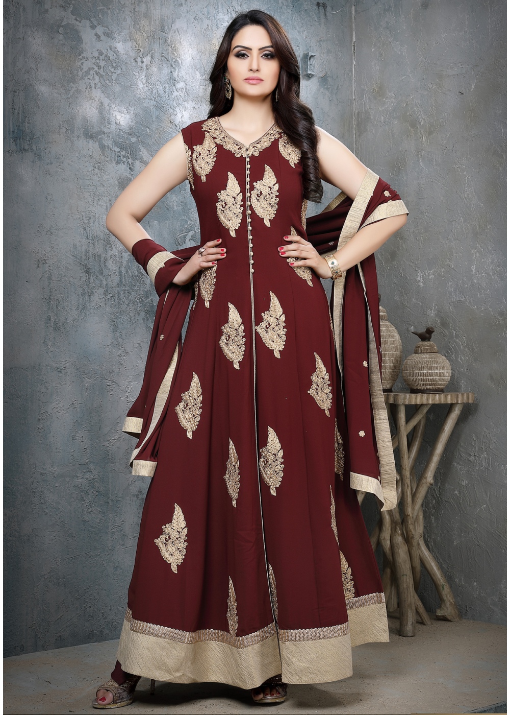 Maroon Embroidered Georgette Gown
