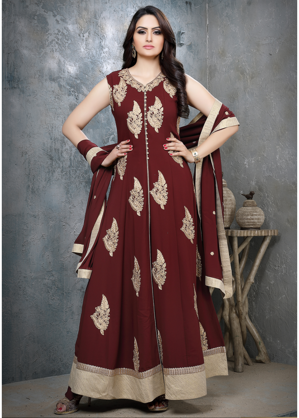 maroon party wear gown