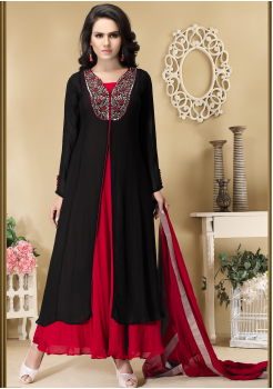 Designer Red with Black Color Georgette Party Wear Gown