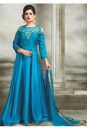 Blue Color Party Wear Georgette Gown With GPO Lace and Dupatta Ready to Wear  Gown in USA, UK, Malaysia, South Africa, Dubai, Singapore