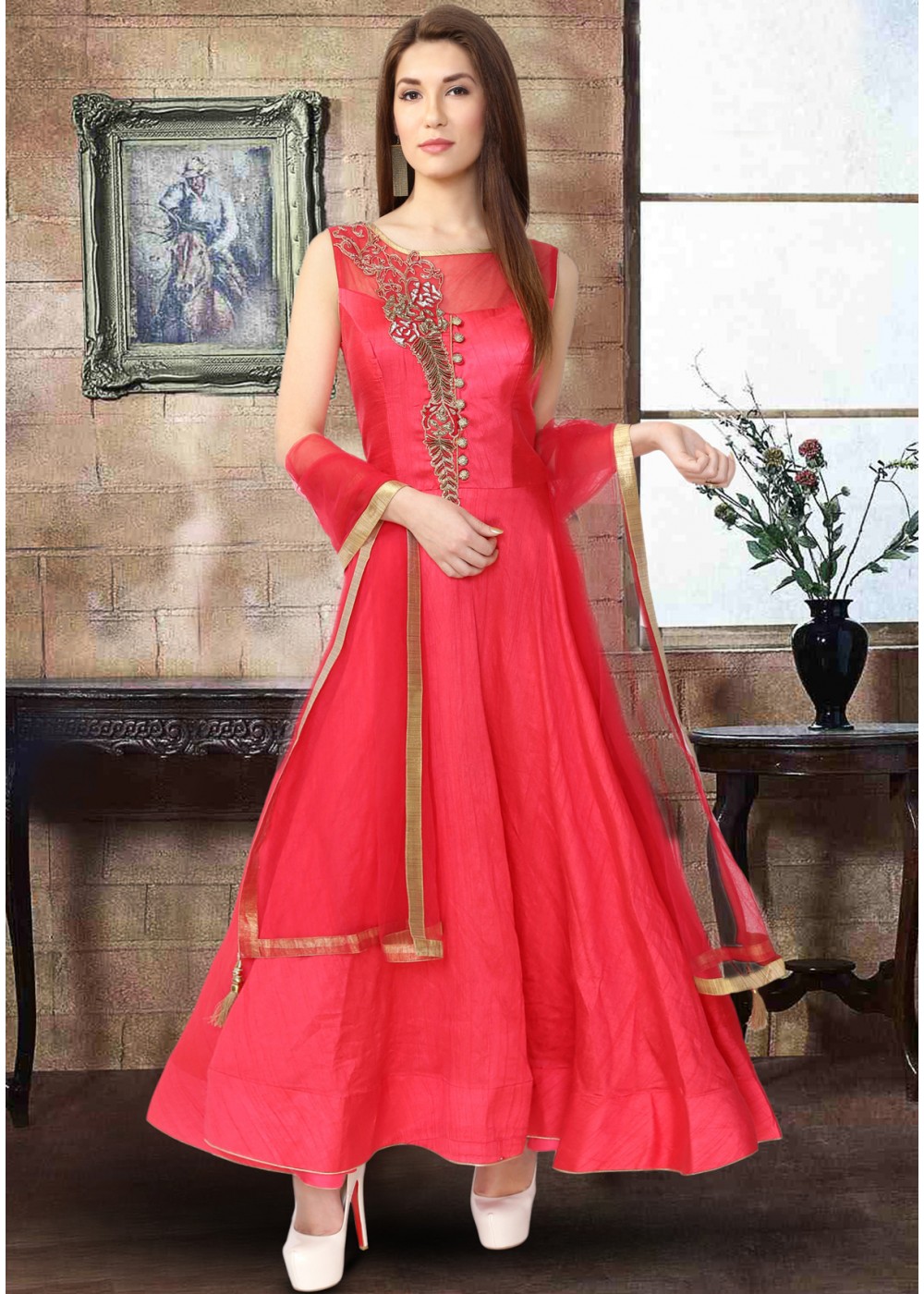 red raw silk fabric dress