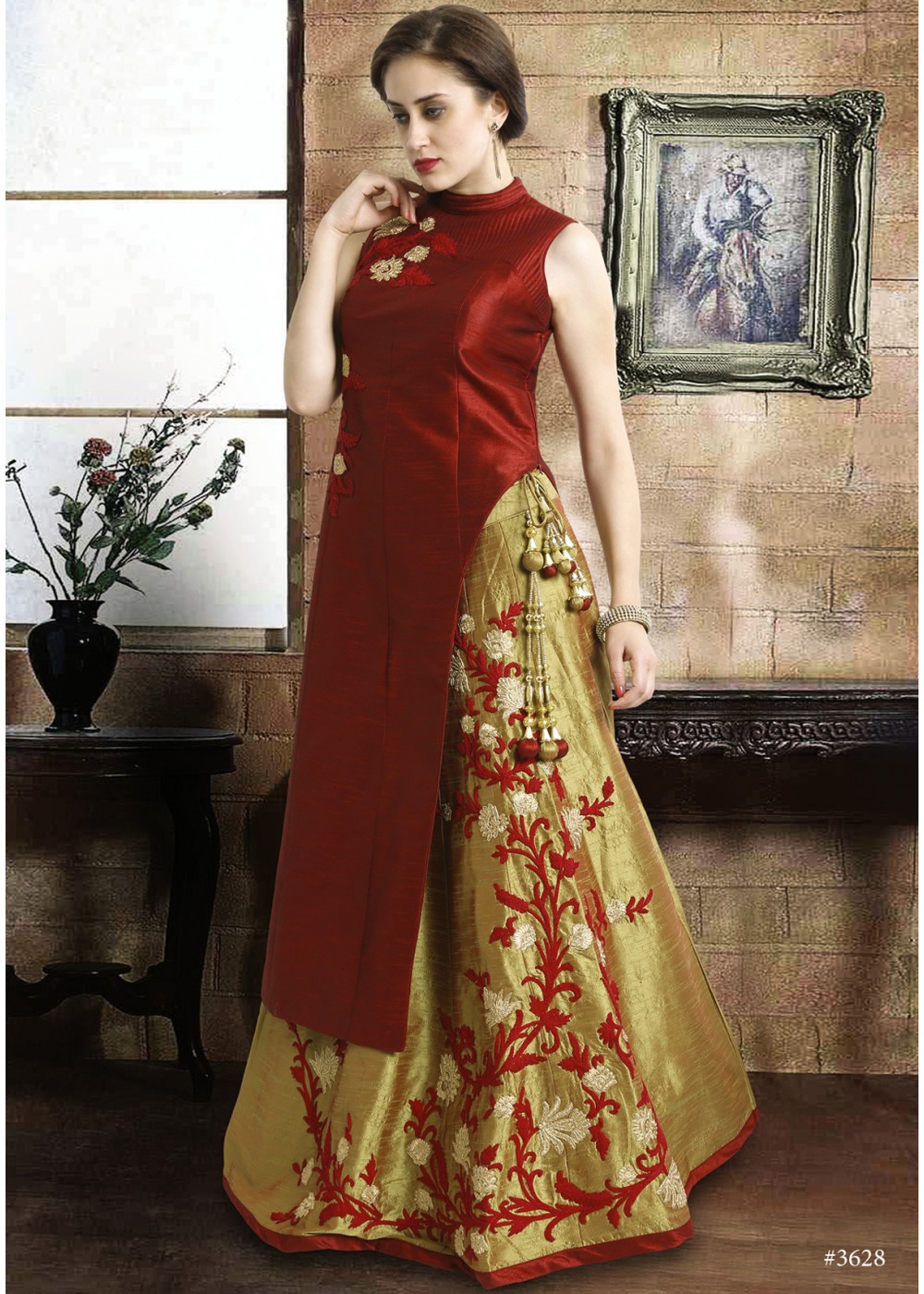 Dark Red And Gold Color Art Silk Lehenga Suit