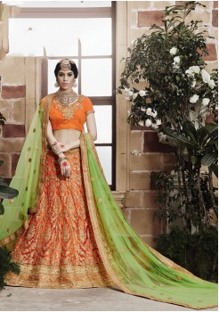 Orange And Parrot Green Color Net Designer Lehenga Choli