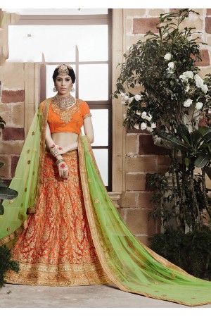 Orange And Parrot Green Color Net Designer Lehenga Choli